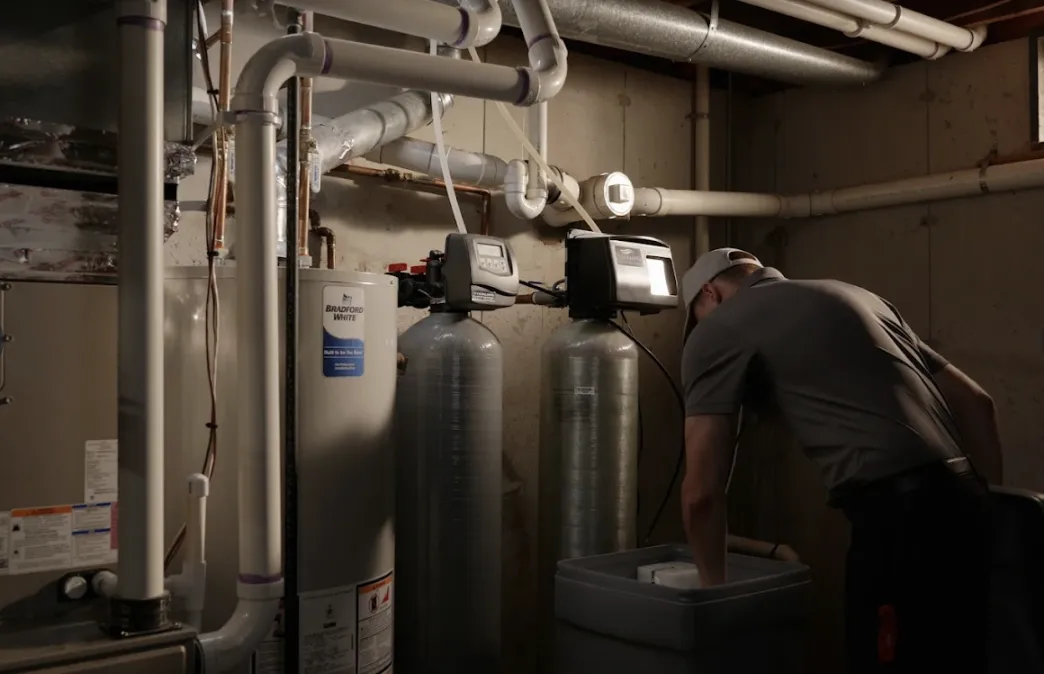 Two-tank water softener and filtration system serviced, brine tank included
